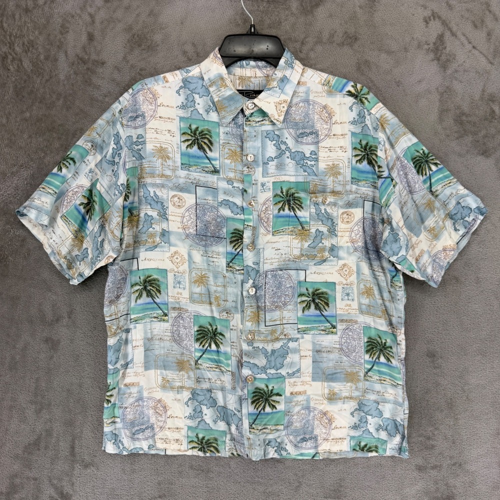 Tori Richard Hawaiian Shirt Mens M Blue White Map Palm Tree Viscose 0485-8257